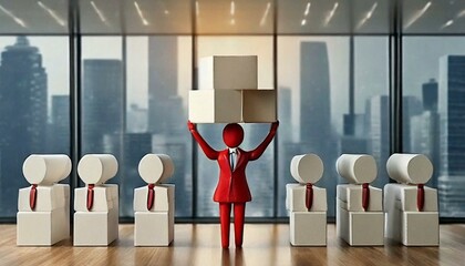 3d illustration about leadership and teamwork. red leader leading by example carrying a representati