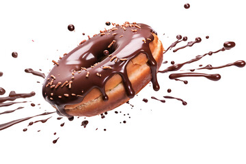 Wall Mural - Flying frosted sprinkled chocolate donut, Sweet doughnut isolated on transparent background