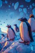 Low Poly Art of Penguin astronauts on ice asteroid, soft blue light, group shot, low angle