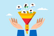Businessman hand holds marketing funnel, illustrating process of lead generation and converting potential customers into sales. Concept of attracting prospects, and converting into paying customers