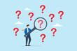 © VZ_Art - Businessman holds magnifying glass to analyze question marks, illustrating problem analysis. Concept of investigating root cause or incident, identifying threat or uncertainty, and finding solutions