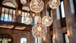 Elegant gold and crystal light fixtures in a boutique hotel lobby