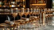 Elegant gold-rimmed glassware in a sophisticated bar area