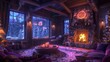 Cozy alpine lodge with neon fireplace and rustic charm