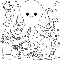 Wall Mural - Cute Kawaii Octopus Cartoon Character Coloring Page Vector Illustration