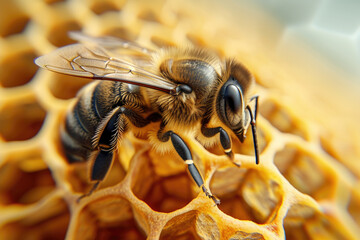 Wall Mural - a small bee close-up sits on a honeycomb with honey on a yellow background. macro.