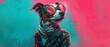 Dog character exuding coolness, clad in a leather jacket, amidst abstract pink and turquoise hues
