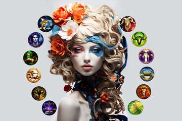 Wall Mural - artistic colorful astrology concept with all zodiac signs and illustration of woman fortune teller i