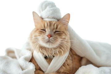 Cute cat wrapped in a towel after bathing isolated on transparent background