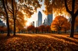 A city park in full autumn splendor, with leaves carpeting the ground and skyscrapers in the distance.