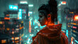 Silhouette of a female against a backdrop of a rain-soaked city awash with neon signs and lights, evoking a sense of mystery