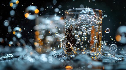 Poster - Bubbles floating in a black background represent the freshness of carbonated drinks and sparkling water, and are shot from real moving water, not 3D.