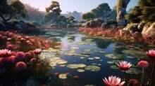 Sky The Pond Or River With Beautiful White Pink Lotus And Water Lily Pad.