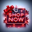 A red LED sign with the message Shop Now written on a black background is a sales promotion image inviting customers to come buy products in the store.