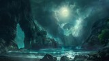 Fototapeta  - A fantasy cove with hidden treasure, illuminated by moonlight piercing through mist