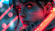 Portrait of an intense-looking woman enhanced by dramatic red and blue neon light effects, conveying deep emotion