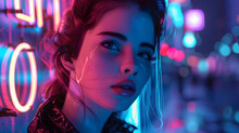 An Intricate Digital Art Piece Depicting A Young Woman's Piercing Gaze Amid A Neon-lit Urban Background