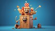 mixture of shiny, colorful, celebratory balloons.A charming character depicted as french fries in 3D.French fries in a smile, a gift box, and carton boxes filled with delectable fries. mixture, shiny,