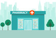 Pharmacy building against the backdrop of the city silhouette. Pharmacy icon on metropolis background. Vector, design illustration. Vector.