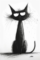 Black cat ink art cartoon drawing on white background