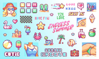 Wall Mural - Retro Summer Pixel Art Sticker Collection: 8 Bit Game Style Icons of Fashion accessories, Sunglasses, Hat, ice cream, Sunset, Palm Tree, Crab, Flamingo, Tropical, Cocktail, Beauty Woman in Swimsuit.