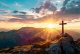 Fototapeta Tęcza - A powerful image of a cross silhouette on a mountain peak, representing strength and achievement in faith