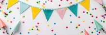Colorful Paper Bunting Flags Strung Up For A Celebration, With A Minimalist Design On A Clean White Background - AI Generated