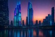 A futuristic skyscraper towering above the city skyline, reflecting the colorful hues of twilight.