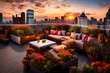 A rooftop terrace garden overlooking a city skyline drenched in the colors of a setting sun.