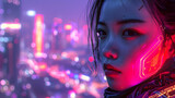 A futuristic portrayal of a woman with cybernetic enhancement against a blurred cityscape at night