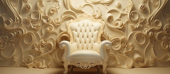 Wall Mural - There is a white chair placed in front of a wall adorned with intricate designs
