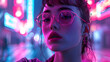 A digital portrait of a young lady with round glasses, lit by colorful neon lights in an urban night setting