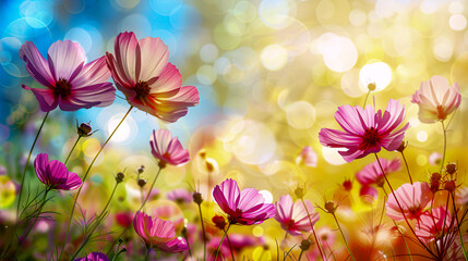 Poster - Field of blooming cosmos flowers, vibrant nature scene in summer with colorful floral beauty