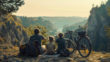 Bike Trip In Mountains. Two Children And Dad Eating A Snack While Taking A Break On A Mountain Biking Trip Overlooking A Mountain Valley At Sunset. Travel Campsite And MTB Cycling With Backpack