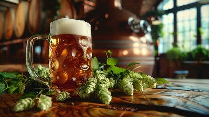 Frothy beer in a traditional mug surrounded by fresh hops on a wooden table with brewery tanks in the background