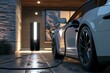 Electric vehicle charging overnight at a residential home's modern carport