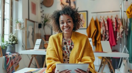 Entrepreneur with a bright smile working on a tablet in her chic boutique