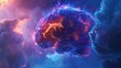Glowing neon brain floating amidst cosmic clouds with vibrant blue and pink colors representing creativity and cognitive processes in a surreal space setting.