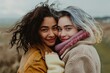 Two young women sharing an affectionate embrace outdoors on a breezy day
