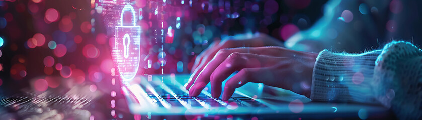 Poster - A visual metaphor for cybersecurity with a glowing padlock symbol and a tech user