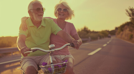 Canvas Print - Two smiling seniors enjoy a leisurely bicycle ride together during a sunny sunset.