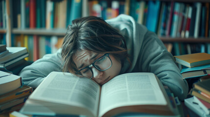 Canvas Print - A person in a grey hoodie rests their head on a desk, amidst a chaos of open books.