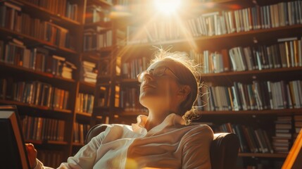 Poster - A woman is seated in a chair positioned in front of a bookshelf. She appears focused, possibly reading or studying the books located on the shelves behind her.