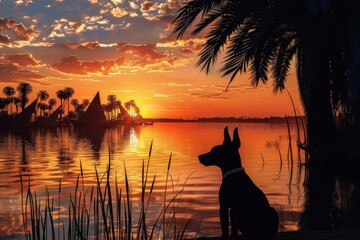 Wall Mural - Silhouette of Anubis looking over a serene Nile river at sunset, with traditional Egyptian boats and palm trees.