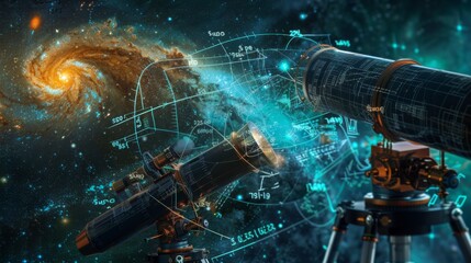 Poster - A computer generated image of a telescope with a spiral galaxy in the background. The spiral galaxy is surrounded by a lot of mathematical equations and numbers