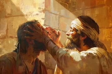 Wall Mural - Uplifting digital painting depicting Jesus Christ healing a blind man, opening his eyes to light and truth.