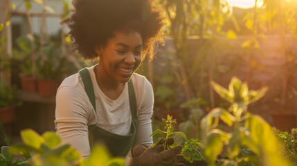 Canvas Print - A smiling person tends to plants in a sunlit garden.