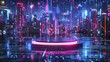 © Kanisorn - Experience the future's allure as next-gen electronics gleam on a surreal holographic podium against a neon-lit futuristic cityscape.