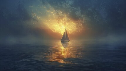 Canvas Print - The first light of dawn breaking over a vast ocean, illuminating a solitary sailboat and highlighting the expanse of the sea.