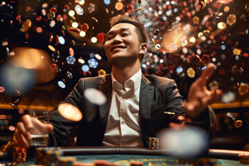 Wall Mural - young asian man sitting at casino table with many poker chips flying around and drink, male gambling and winning, looking confident and handsome, gamble establishment concept